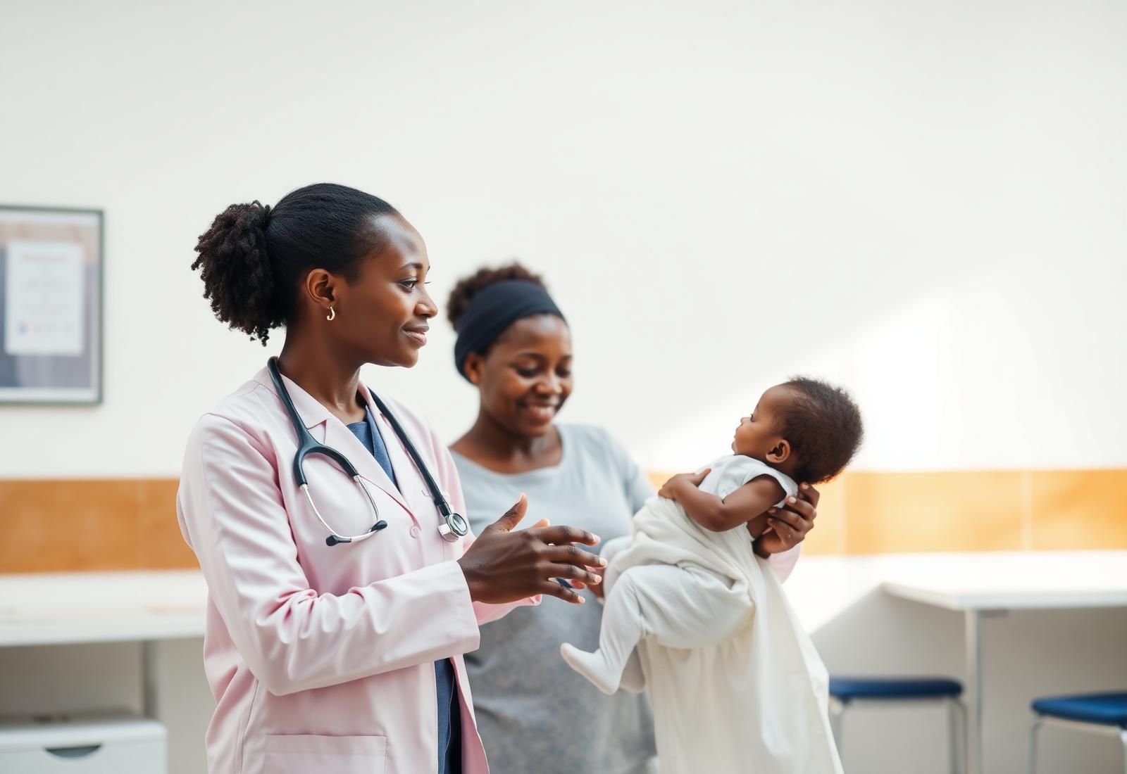 Doctor speaking with a mother and child in a clinic